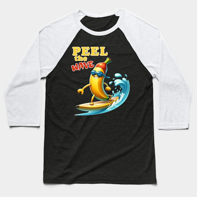 Surf's Up Banana: Ride the Tropical Wave Baseball T-Shirt by vk09design